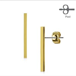 Pair Plain Long Bar 316L Surgical Steel Post Earring Studs 14k Gold Plated NEW